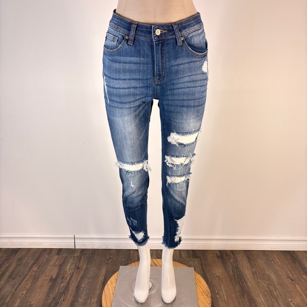 KanCan Distressed Stretch Skinny Ankle Jeans in Blue 7 x 27